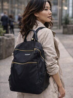Tommy Bahama Black Nylon & Faux Leather Backpack – Everyday Travel Bag